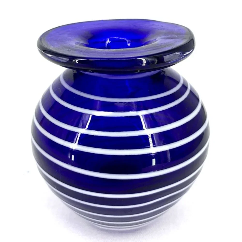 Cobalt Blue Vase Art Glass Iridescent White Swirled Small 3 1/4